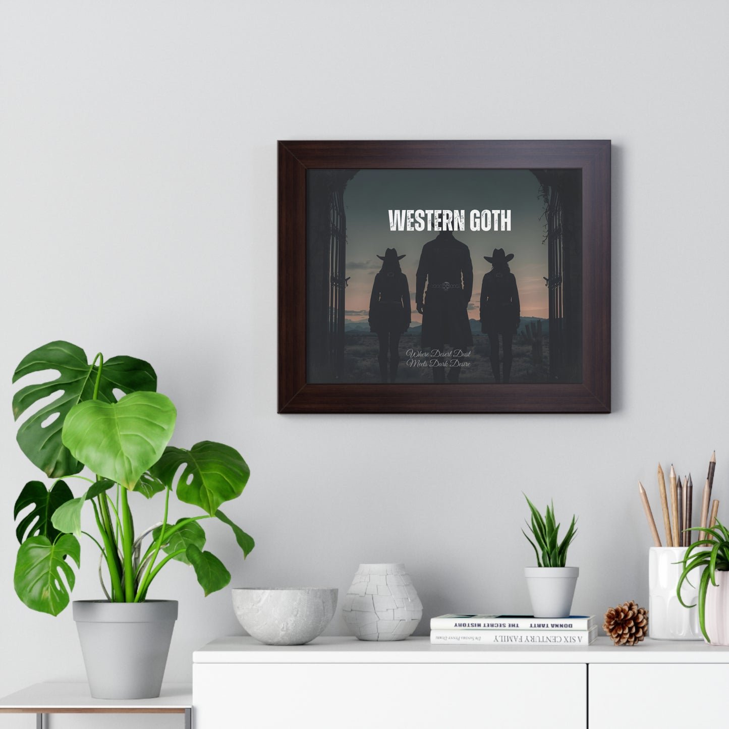 Framed Western Goth Poster — Dark Cowboy Silhouette Wall Art