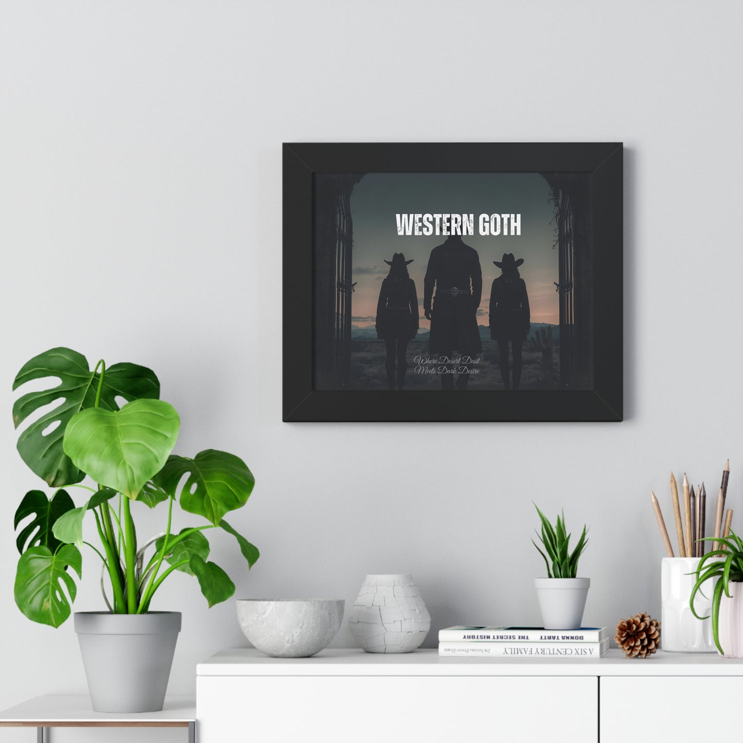 Framed Western Goth Poster — Dark Cowboy Silhouette Wall Art